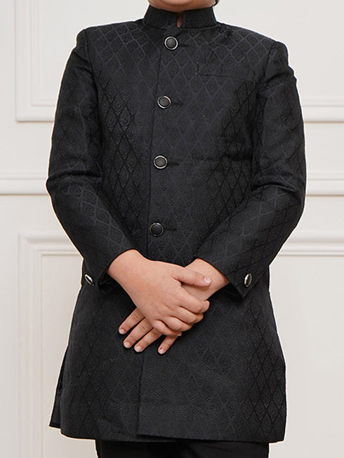 Boy's Black Sherwani And Pyjama Set